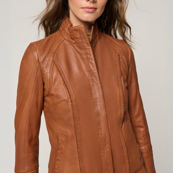 Overland Sheepskin Company Azura Leather Jacket - Cognac - Picture 1 of 5